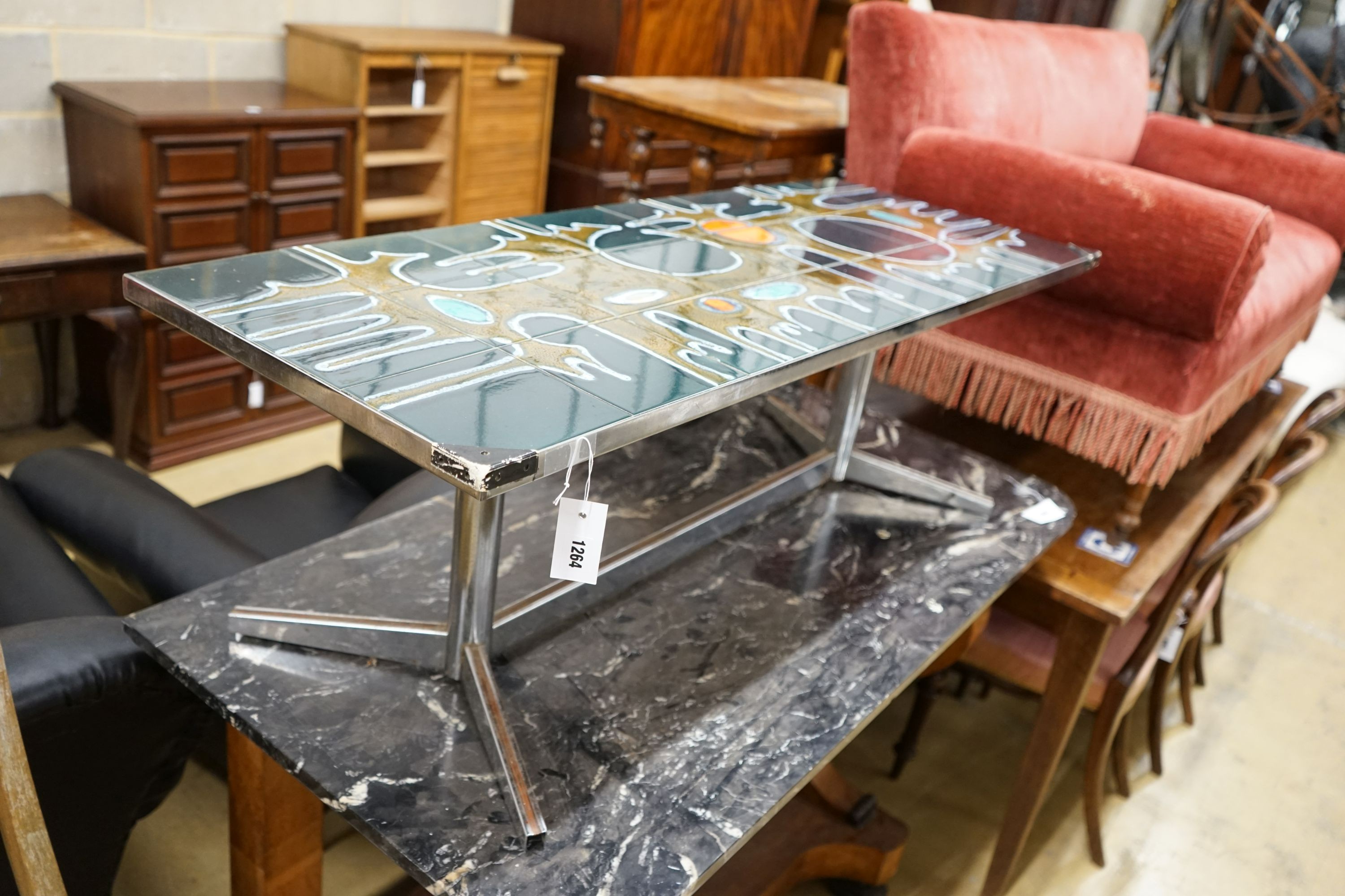 A mid century design tile topped rectangular chrome coffee table, length 121cm, depth 46cm, height 41cm